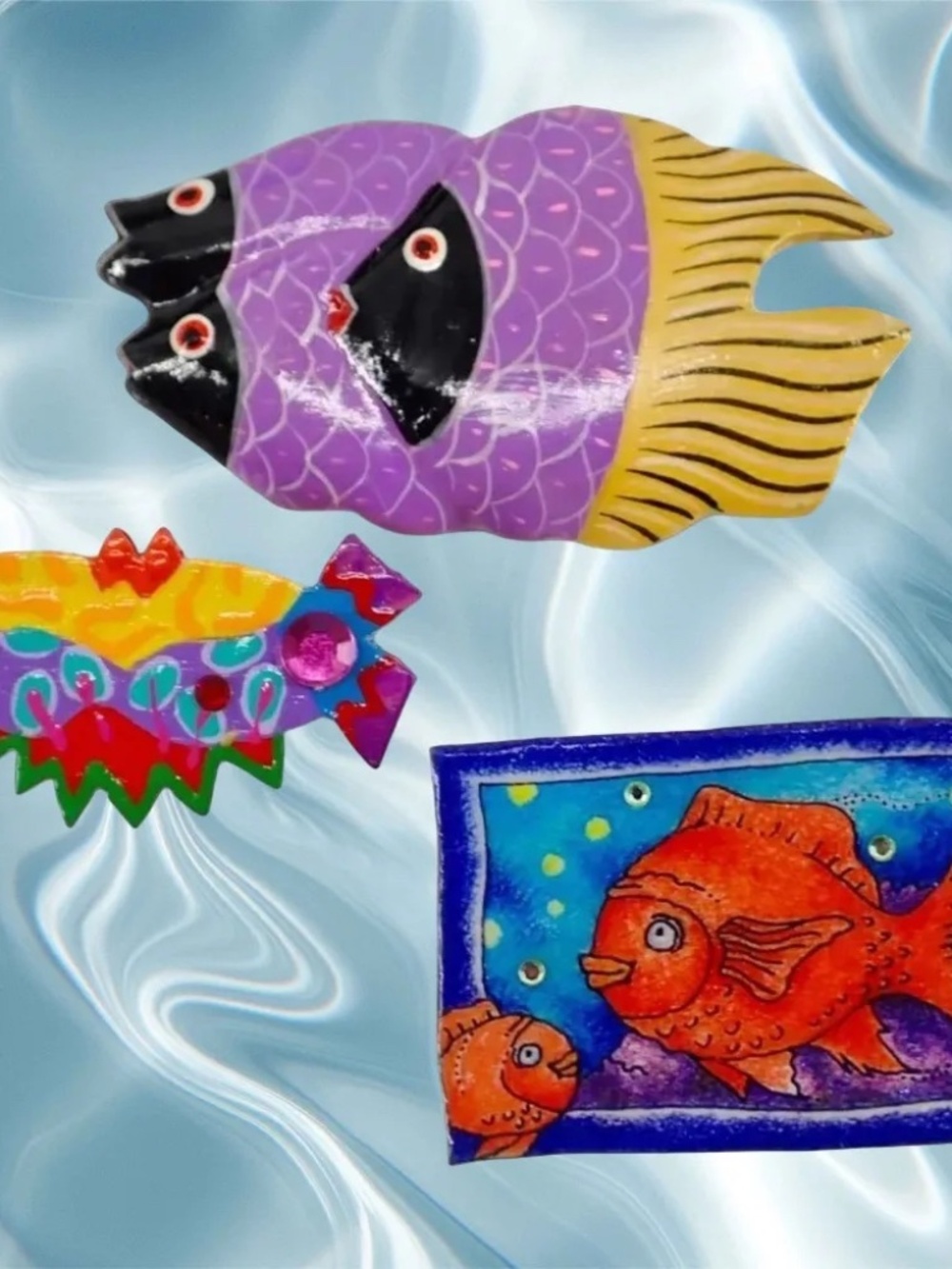 Tropical Fish Wooden Brooch Pin Set of 3 Colorful Painted Ocean Art Work